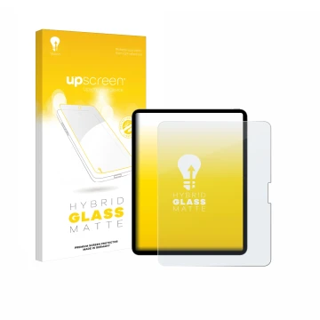 Parte frontal de un envase de producto con el logotipo de la marca upscreen. Al lado se muestra el dispositivo Apple iPad Pro 