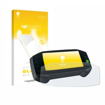 Parte frontal de un envase de producto con el logotipo de la marca upscreen. Al lado se muestra el dispositivo Suzuki DR-Z4S 2