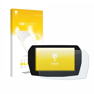 Parte frontal de un envase de producto con el logotipo de la marca upscreen. Al lado se muestra el dispositivo Ducati Panigale