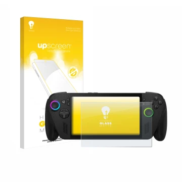 Parte frontal de un envase de producto con el logotipo de la marca upscreen. Al lado se muestra el dispositivo ASUS ROG Xbox A