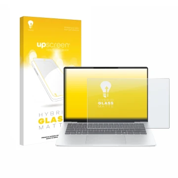 Parte frontal de un envase de producto con el logotipo de la marca upscreen. Al lado se muestra el dispositivo HP OmniBook 5 1