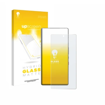 Parte frontal de un envase de producto con el logotipo de la marca upscreen. Al lado se muestra el dispositivo ZTE Nubia Red M