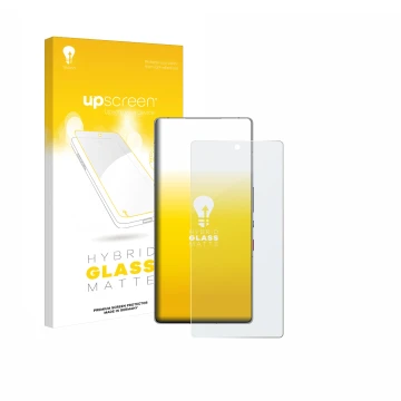 Parte frontal de un envase de producto con el logotipo de la marca upscreen. Al lado se muestra el dispositivo ZTE Nubia Red M