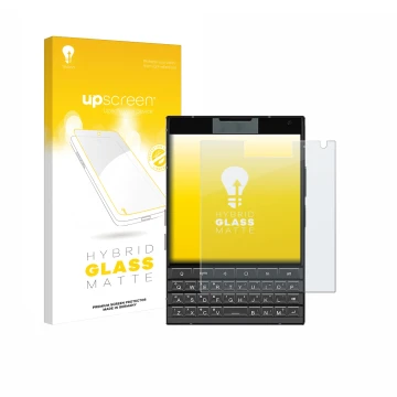 Parte frontal de un envase de producto con el logotipo de la marca upscreen. Al lado se muestra el dispositivo Unihertz Titan 