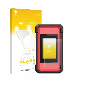Parte frontal de un envase de producto con el logotipo de la marca upscreen. Al lado se muestra el dispositivo Launch X431 Sma