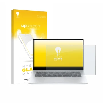 Parte frontal de un envase de producto con el logotipo de la marca upscreen. Al lado se muestra el dispositivo HP OmniBook 7 1