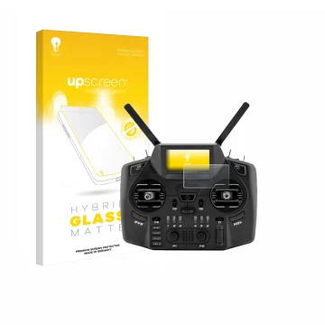 Parte frontal de un envase de producto con el logotipo de la marca upscreen. Al lado se muestra el dispositivo Radiomaster GX1