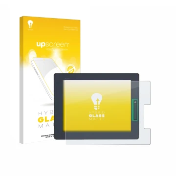 Parte frontal de un envase de producto con el logotipo de la marca upscreen. Al lado se muestra el dispositivo Schneider-elect