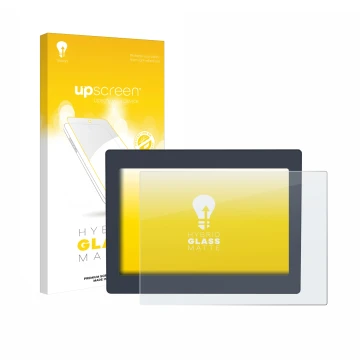 Parte frontal de un envase de producto con el logotipo de la marca upscreen. Al lado se muestra el dispositivo Schneider-elect