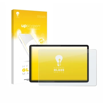 Parte frontal de un envase de producto con el logotipo de la marca upscreen. Al lado se muestra el dispositivo Lenovo Tab K11 