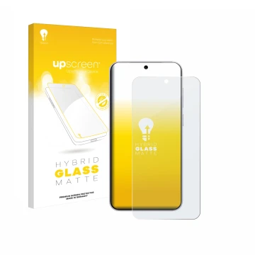 Parte frontal de un envase de producto con el logotipo de la marca upscreen. Al lado se muestra el dispositivo Vivo X300 con s