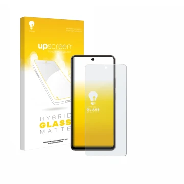 Parte frontal de un envase de producto con el logotipo de la marca upscreen. Al lado se muestra el dispositivo Tecno Pova 7 co