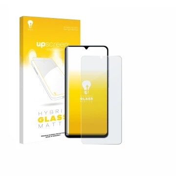 Parte frontal de un envase de producto con el logotipo de la marca upscreen. Al lado se muestra el dispositivo Samsung Galaxy 