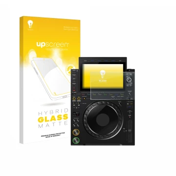 Parte frontal de un envase de producto con el logotipo de la marca upscreen. Al lado se muestra el dispositivo Pioneer CDJ 300