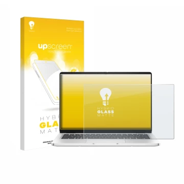 Parte frontal de un envase de producto con el logotipo de la marca upscreen. Al lado se muestra el dispositivo Dell Pro 14 Pre