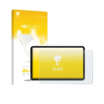 Parte frontal de un envase de producto con el logotipo de la marca upscreen. Al lado se muestra el dispositivo Volla Tablet 12