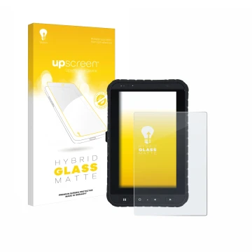 Parte frontal de un envase de producto con el logotipo de la marca upscreen. Al lado se muestra el dispositivo Winmate M700DQ8