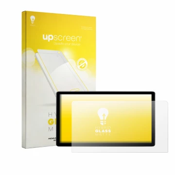 Parte frontal de un envase de producto con el logotipo de la marca upscreen. Al lado se muestra el dispositivo Skoda Elroq 85 