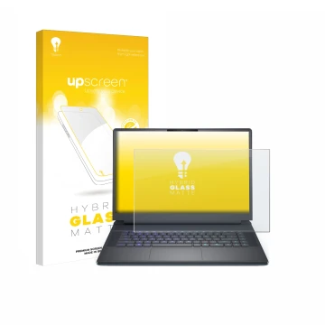 Parte frontal de un envase de producto con el logotipo de la marca upscreen. Al lado se muestra el dispositivo Dell Alienware 