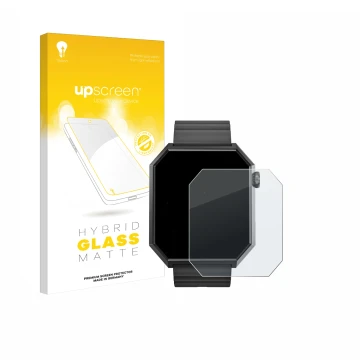 Parte frontal de un envase de producto con el logotipo de la marca upscreen. Al lado se muestra el dispositivo Rollme Edge con