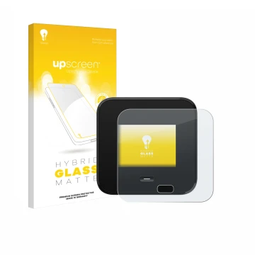 Parte frontal de un envase de producto con el logotipo de la marca upscreen. Al lado se muestra el dispositivo Netgear Nightha