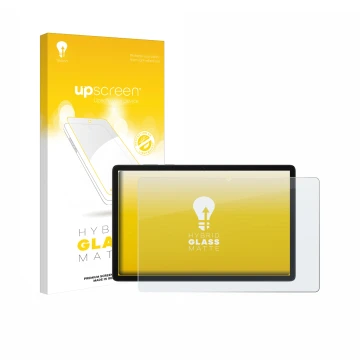 Parte frontal de un envase de producto con el logotipo de la marca upscreen. Al lado se muestra el dispositivo Samsung Galaxy 