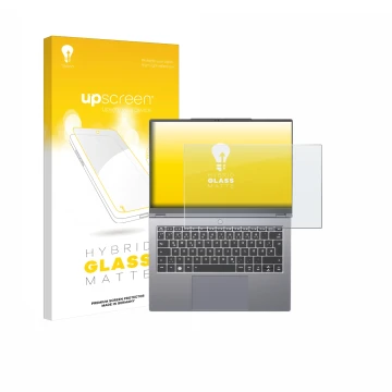 Parte frontal de un envase de producto con el logotipo de la marca upscreen. Al lado se muestra el dispositivo Tuxedo Infinity