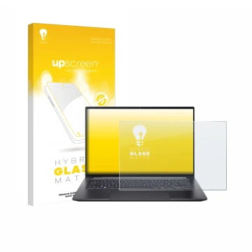 Parte frontal de un envase de producto con el logotipo de la marca upscreen. Al lado se muestra el dispositivo Acer Swift X 14