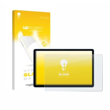 Parte frontal de un envase de producto con el logotipo de la marca upscreen. Al lado se muestra el dispositivo Itel VistaTab 3