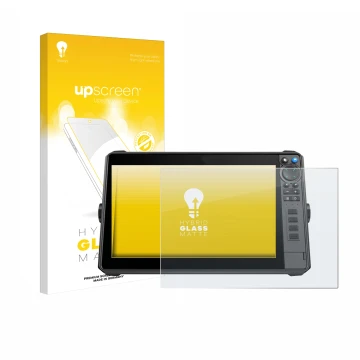 Parte frontal de un envase de producto con el logotipo de la marca upscreen. Al lado se muestra el dispositivo Lowrance HDS-12