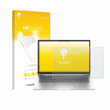 Parte frontal de un envase de producto con el logotipo de la marca upscreen. Al lado se muestra el dispositivo HP ProBook 4 G1