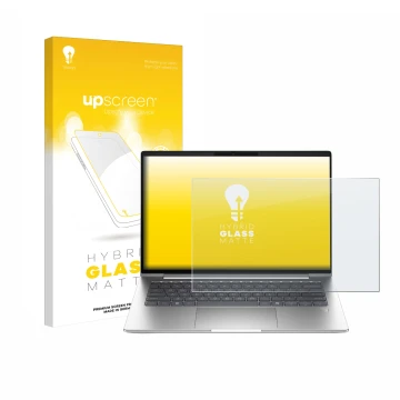 Parte frontal de un envase de producto con el logotipo de la marca upscreen. Al lado se muestra el dispositivo HP ProBook 4 G1