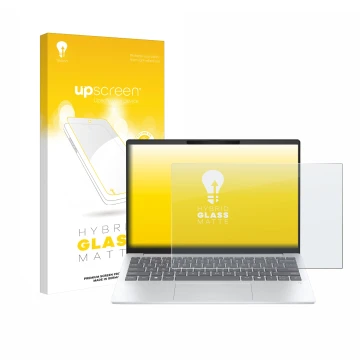 Parte frontal de un envase de producto con el logotipo de la marca upscreen. Al lado se muestra el dispositivo HP OmniBook 7 A