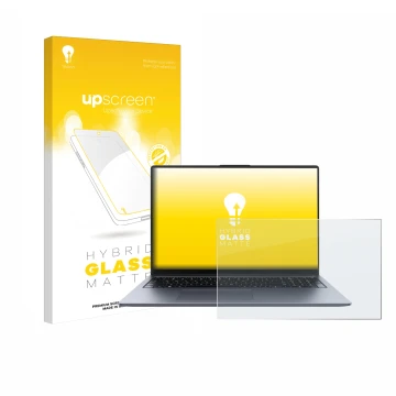 Parte frontal de un envase de producto con el logotipo de la marca upscreen. Al lado se muestra el dispositivo Huawei MateBook