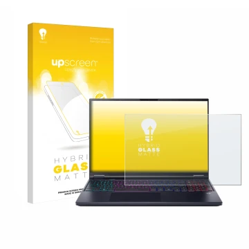 Parte frontal de un envase de producto con el logotipo de la marca upscreen. Al lado se muestra el dispositivo Acer Predator H