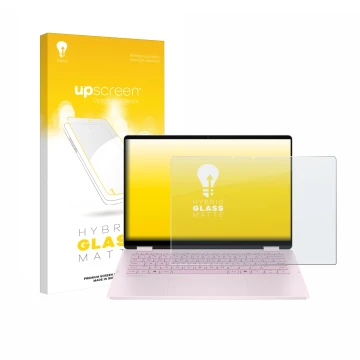 Parte frontal de un envase de producto con el logotipo de la marca upscreen. Al lado se muestra el dispositivo HP OmniBook 5 F