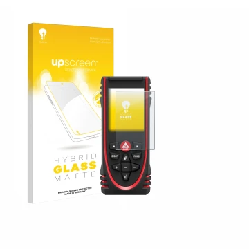 Parte frontal de un envase de producto con el logotipo de la marca upscreen. Al lado se muestra el dispositivo Leica DISTO X3 