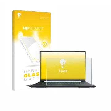 Parte frontal de un envase de producto con el logotipo de la marca upscreen. Al lado se muestra el dispositivo Gigabyte AERO X