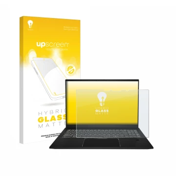 Parte frontal de un envase de producto con el logotipo de la marca upscreen. Al lado se muestra el dispositivo MSI Summit A16 