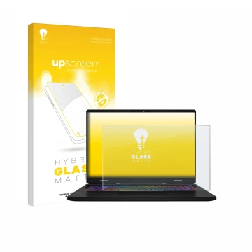 Parte frontal de un envase de producto con el logotipo de la marca upscreen. Al lado se muestra el dispositivo MSI Vector 16 H