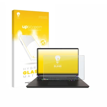 Parte frontal de un envase de producto con el logotipo de la marca upscreen. Al lado se muestra el dispositivo MSI Vector 17 H
