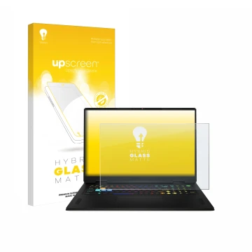 Parte frontal de un envase de producto con el logotipo de la marca upscreen. Al lado se muestra el dispositivo MSI Vector A18 