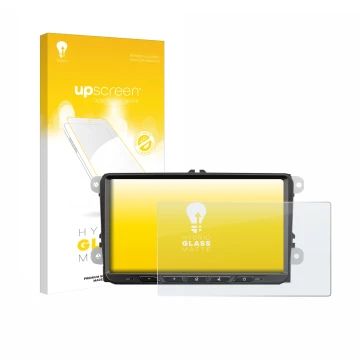 Parte frontal de un envase de producto con el logotipo de la marca upscreen. Al lado se muestra el dispositivo Zenec Z-E2065 c