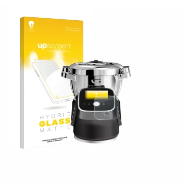 Parte frontal de un envase de producto con el logotipo de la marca upscreen. Al lado se muestra el dispositivo Moulinex i-Comp