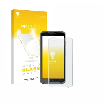Parte frontal de un envase de producto con el logotipo de la marca upscreen. Al lado se muestra el dispositivo Newland MT93 co
