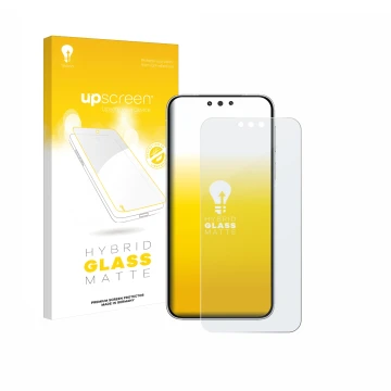 Parte frontal de un envase de producto con el logotipo de la marca upscreen. Al lado se muestra el dispositivo Huawei Mate 80 