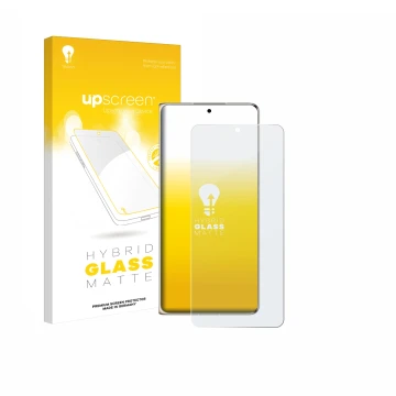 Parte frontal de un envase de producto con el logotipo de la marca upscreen. Al lado se muestra el dispositivo Huawei Mate X7 