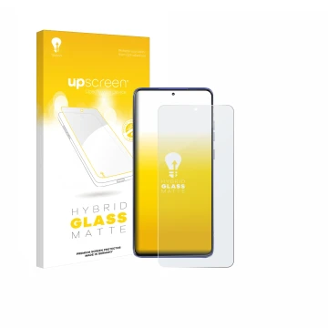 Parte frontal de un envase de producto con el logotipo de la marca upscreen. Al lado se muestra el dispositivo Motorola Edge 6