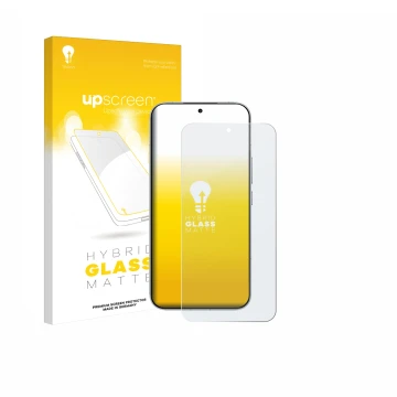 Parte frontal de un envase de producto con el logotipo de la marca upscreen. Al lado se muestra el dispositivo Xiaomi Poco F8 