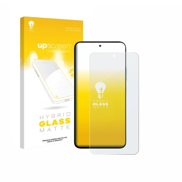 Parte frontal de un envase de producto con el logotipo de la marca upscreen. Al lado se muestra el dispositivo Xiaomi Poco M7 